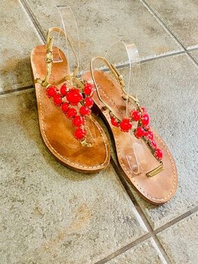 Ivanka Trump Coral Bead Embellished Gold Strap Flat Sandals Sz 8.5